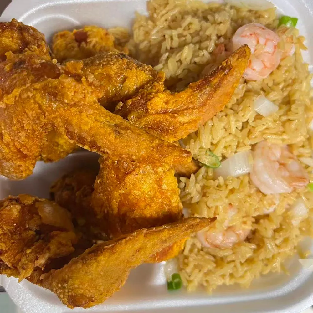 Fried Chicken Wings with Shrimp Fried Rice at Great China, Chinese Restaurant in Indian Trail